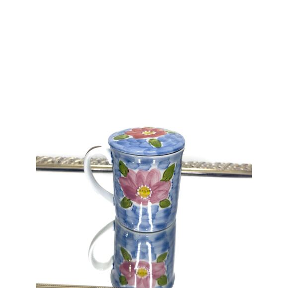 beautiful japanese ceramic tea cup with lid and filter, flower pattern, Gift - Picture 1 of 10